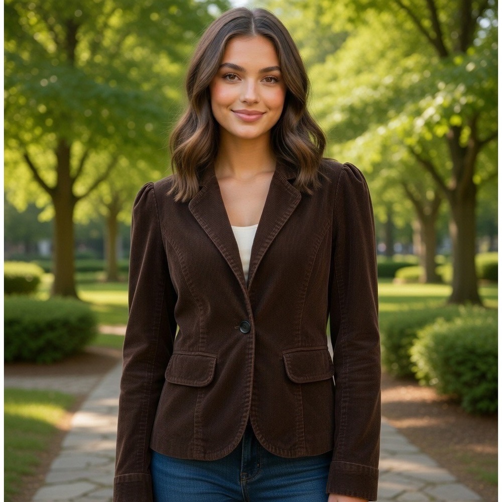 Fossil Brown Corduroy Blazer Jacket Womens Medium‎ Single Button Cotton Coat